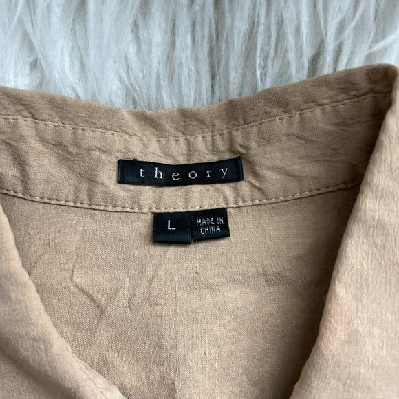 THEORY WOMENS SHORT SLEEVE BUTTON DOWN LINNEN SPANDEX KHAKI LARGE - Picture 4 of 6